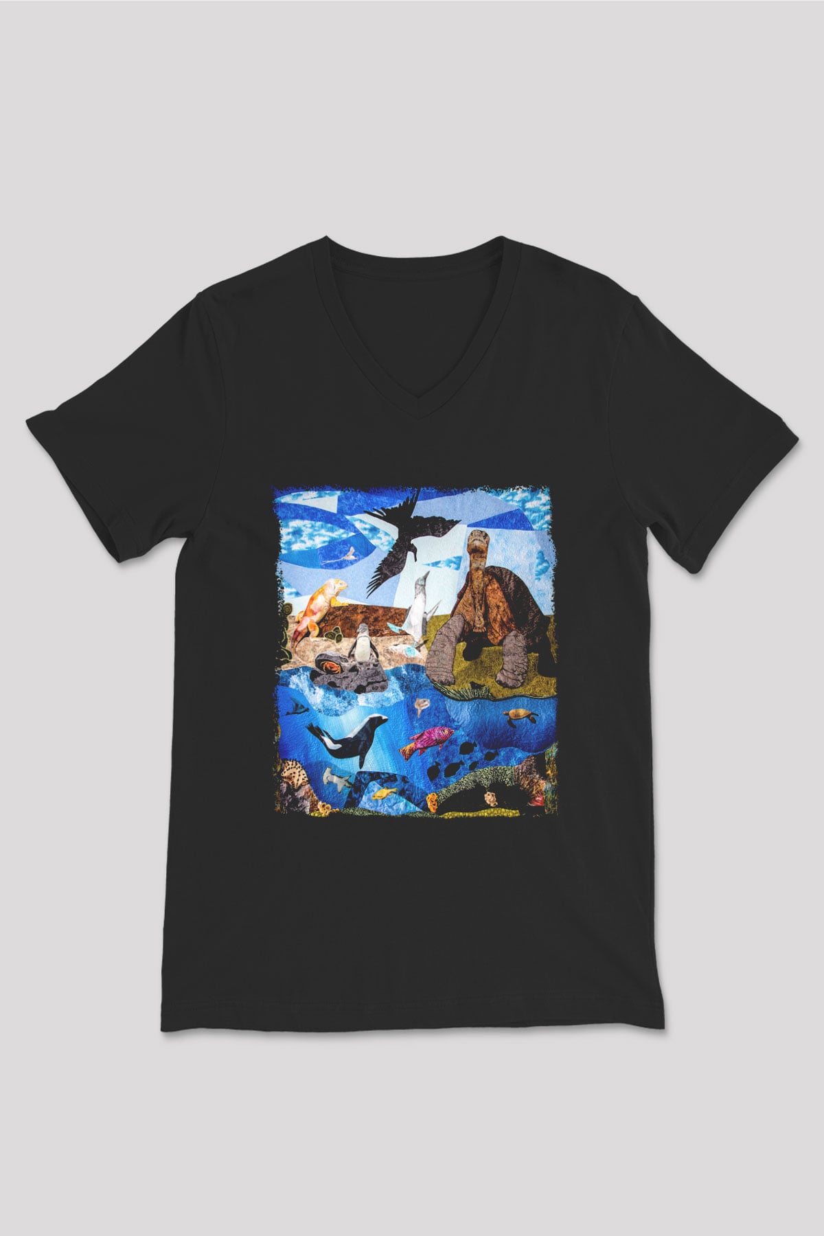 Galapagos Adaları Siyah Unisex V Yaka Tişört T-Shirt