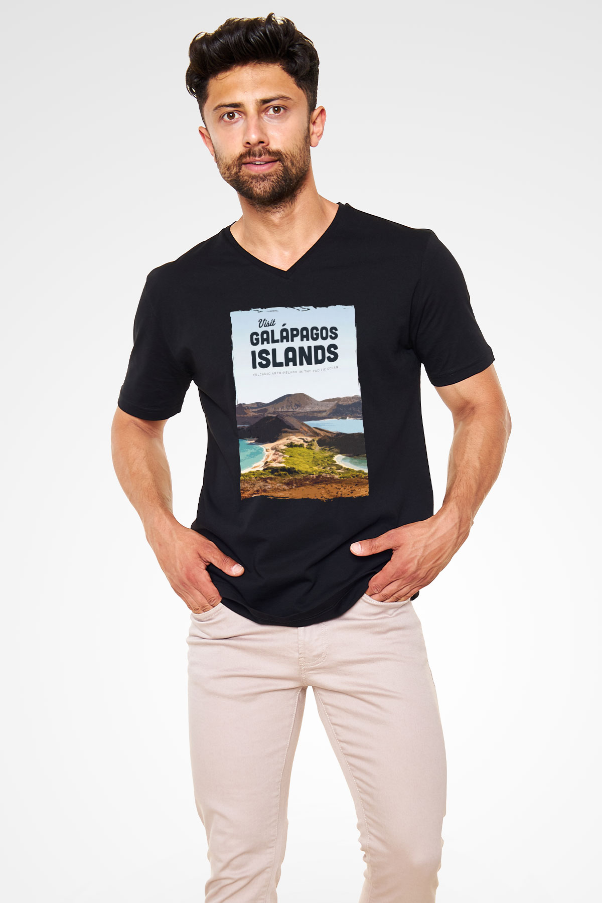 Galapagos Adaları Siyah Unisex V Yaka Tişört