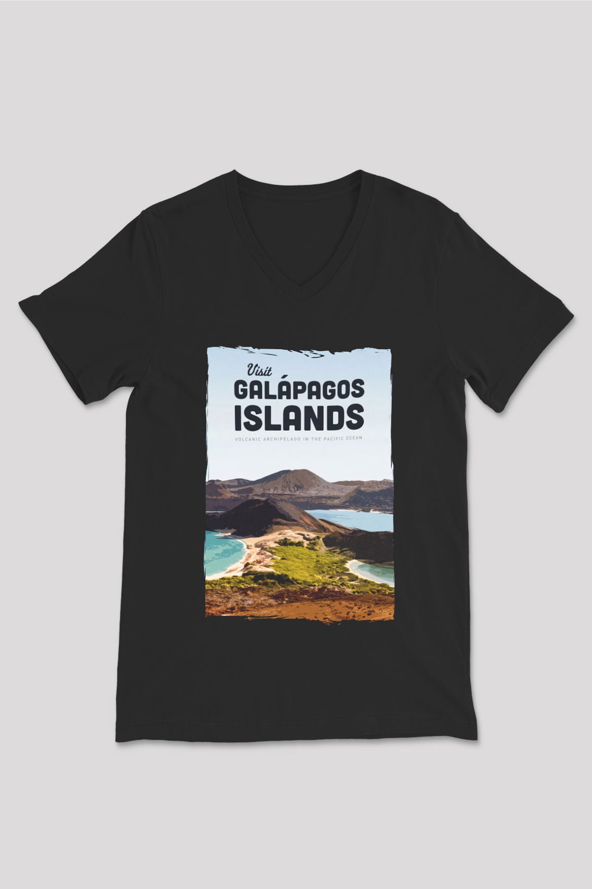Galapagos Adaları Siyah Unisex V Yaka Tişört