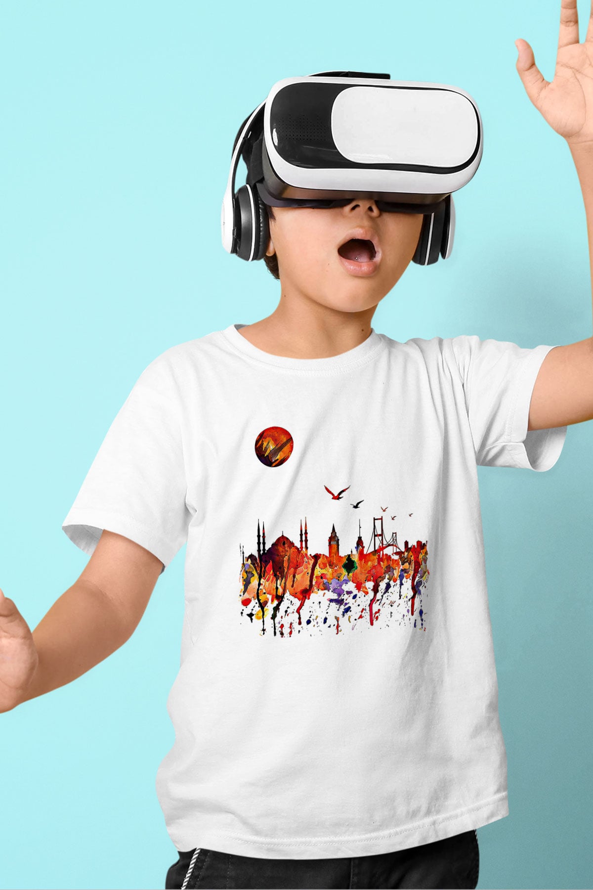Galata Kulesi Baskılı Beyaz Unisex Beyaz Çocuk Tişört - Tshirt