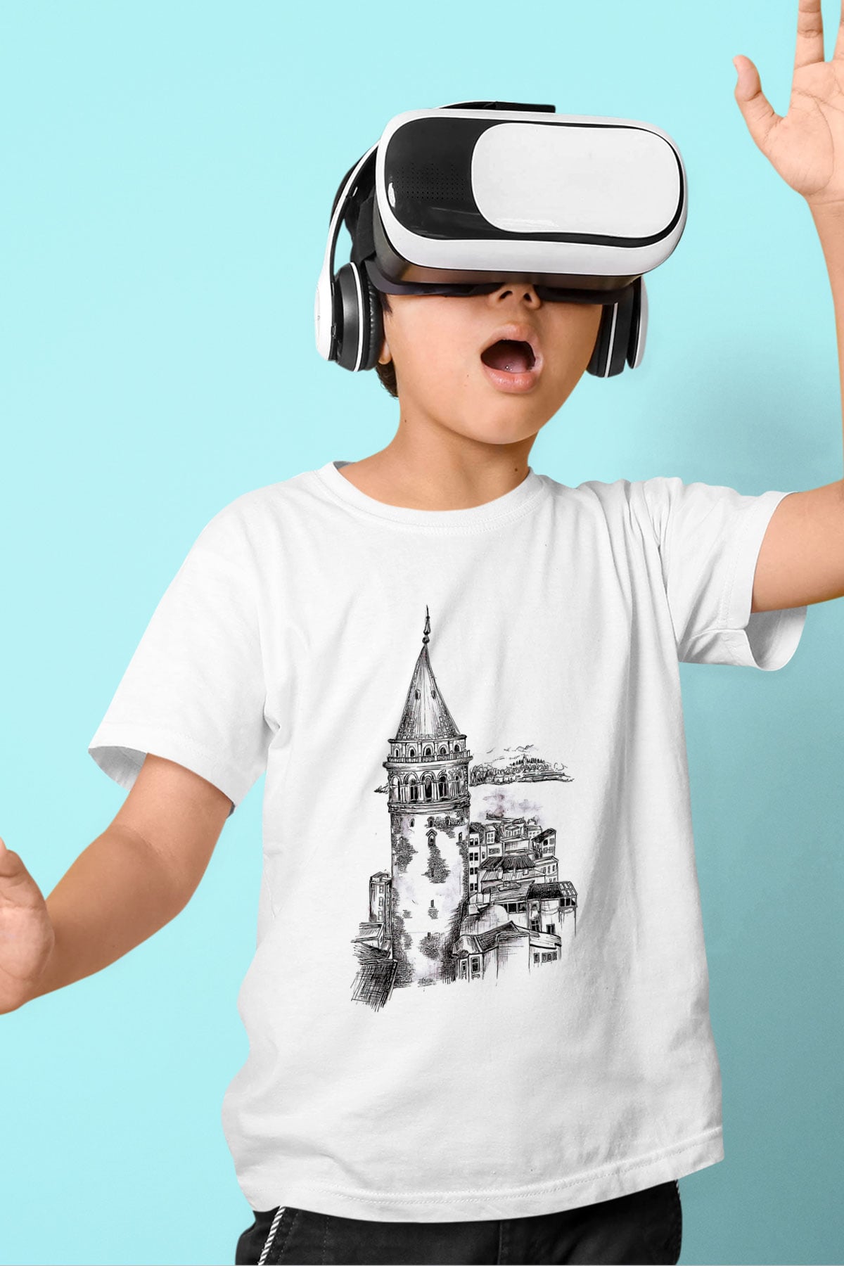 Galata Kulesi Baskılı Beyaz Unisex Beyaz Çocuk Tişört - Tshirt