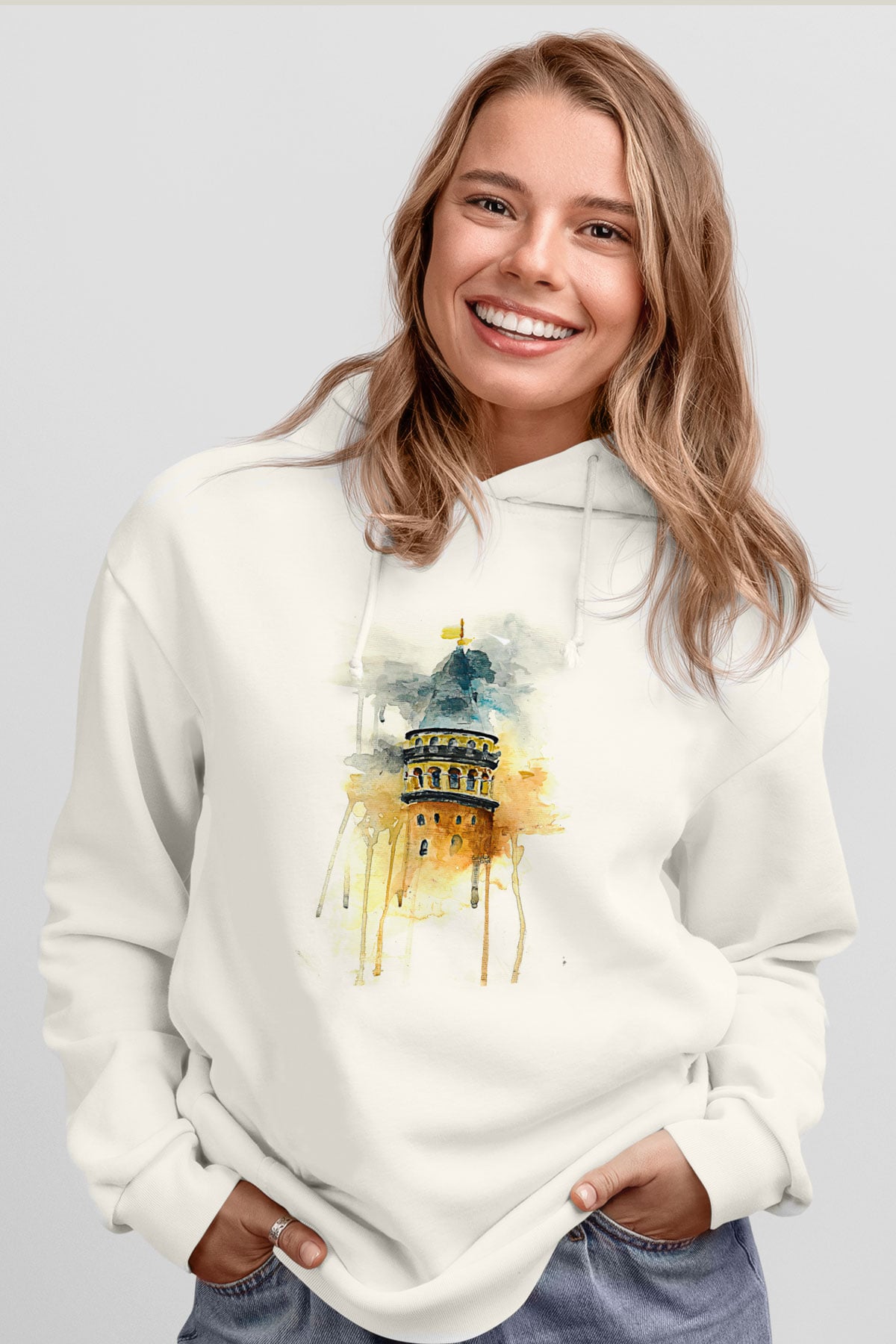 Galata Kulesi Baskılı Beyaz Unisex Hoodie