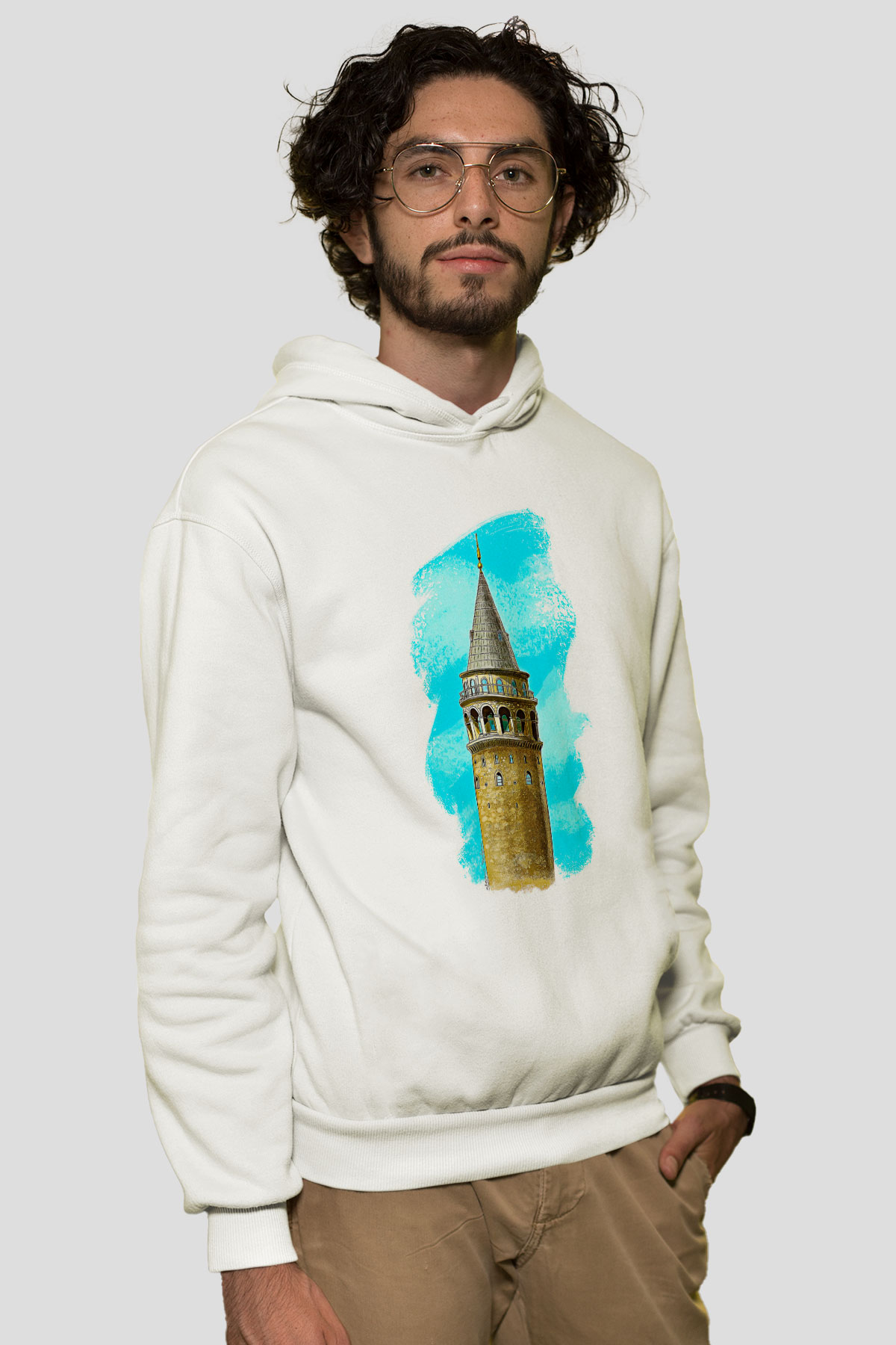 Galata Kulesi Baskılı Beyaz Unisex Hoodie