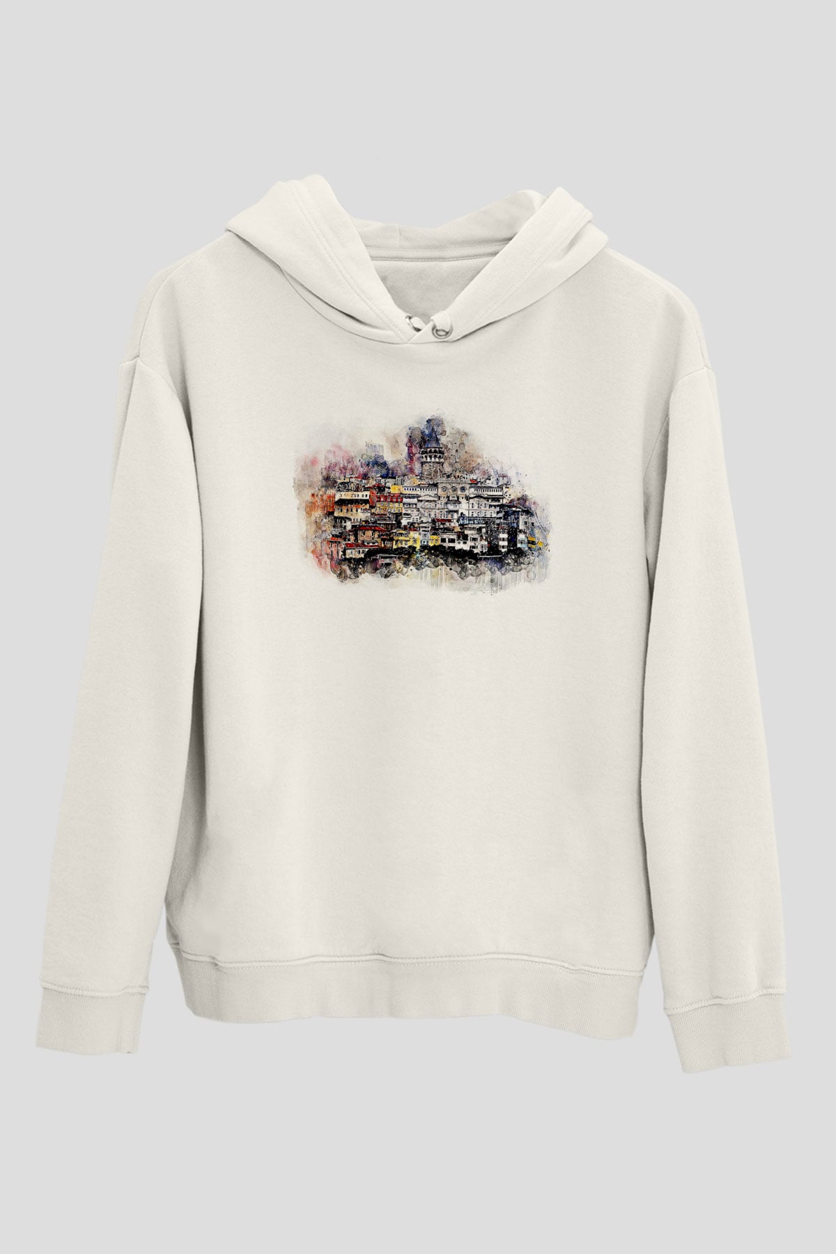 Galata Kulesi Baskılı Beyaz Unisex Hoodie