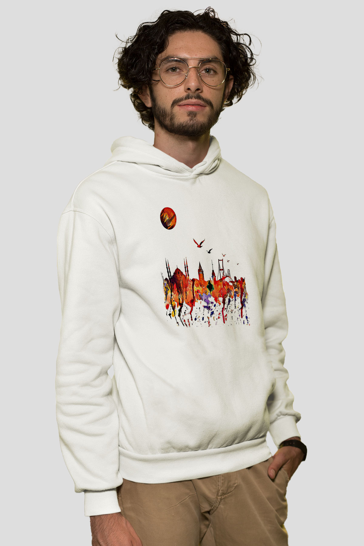 Galata Kulesi Baskılı Beyaz Unisex Hoodie