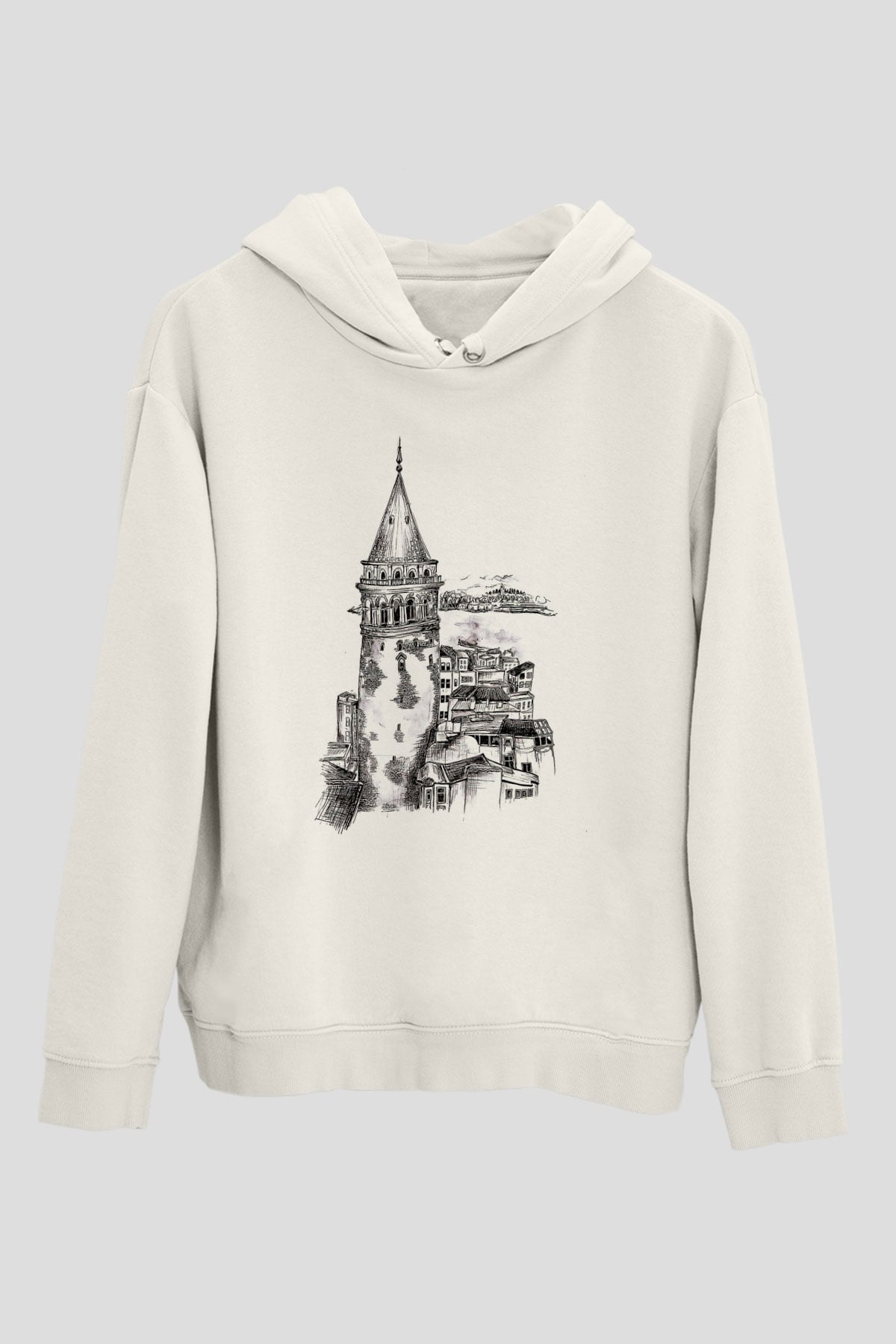 Galata Kulesi Baskılı Beyaz Unisex Hoodie