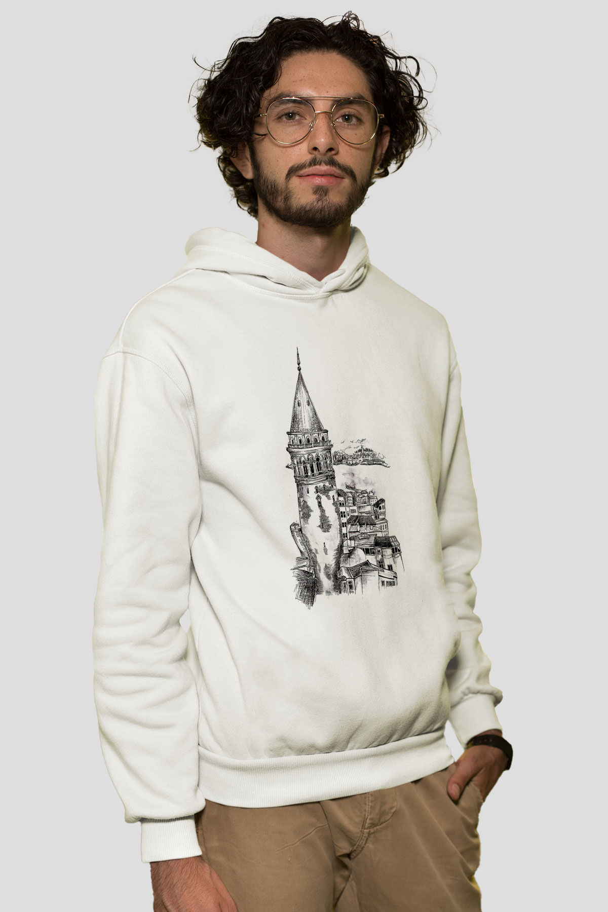 Galata Kulesi Baskılı Beyaz Unisex Hoodie