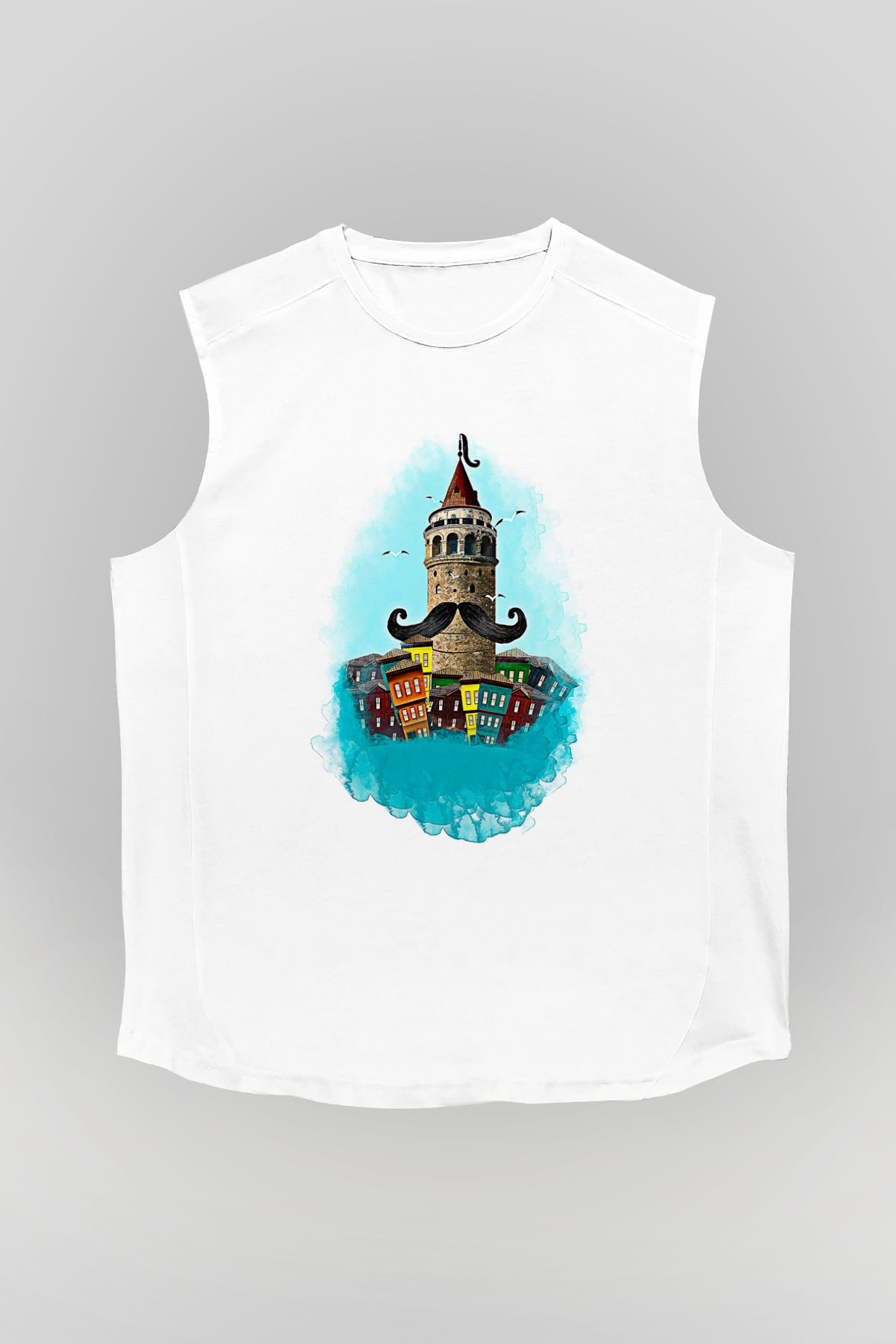 Galata Kulesi Baskılı Beyaz Unisex Kolsuz Tişört - Tshirt