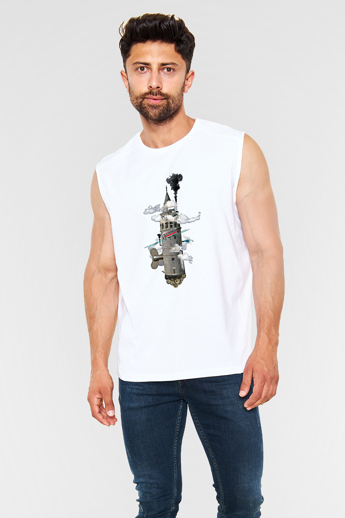 Galata Kulesi Baskılı Beyaz Unisex Kolsuz Tişört - Tshirt