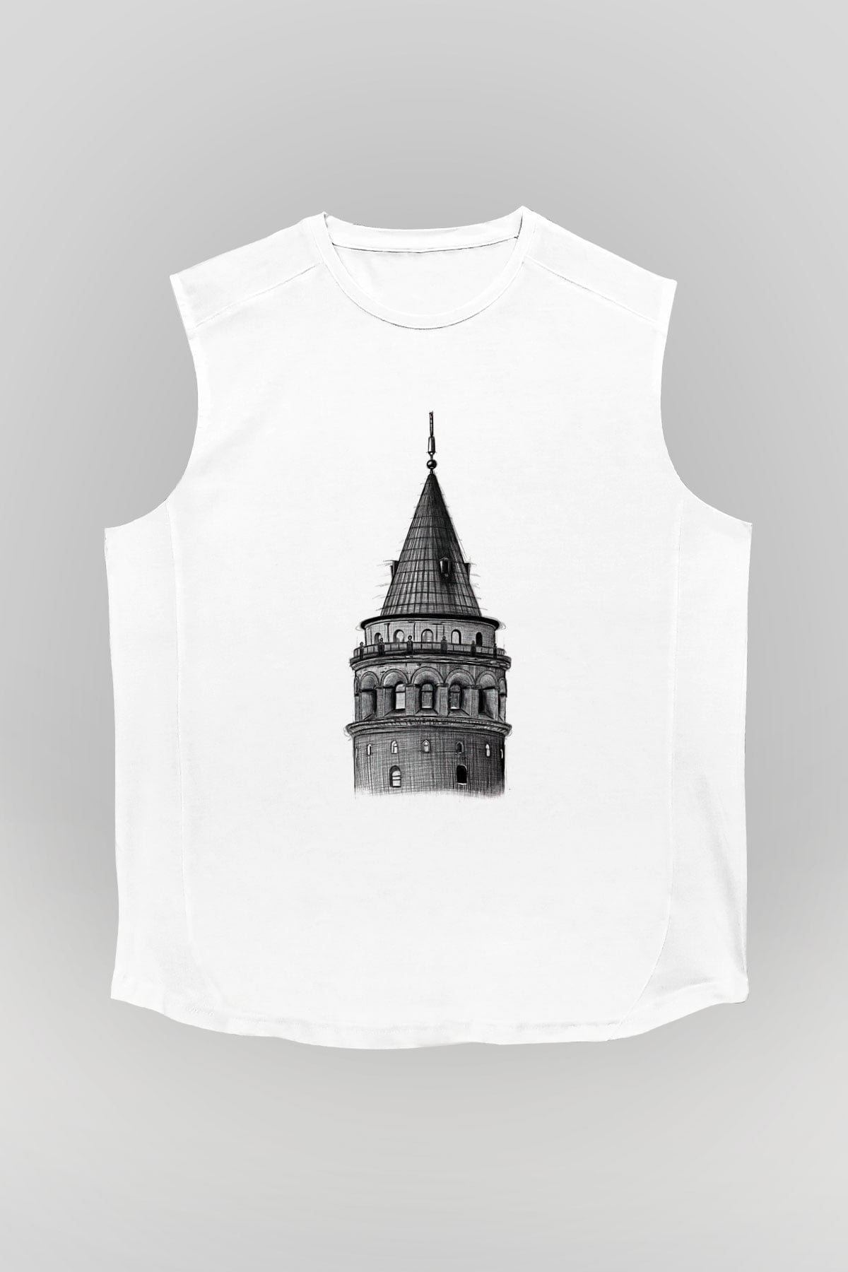 Galata Kulesi Baskılı Beyaz Unisex Kolsuz Tişört - Tshirt
