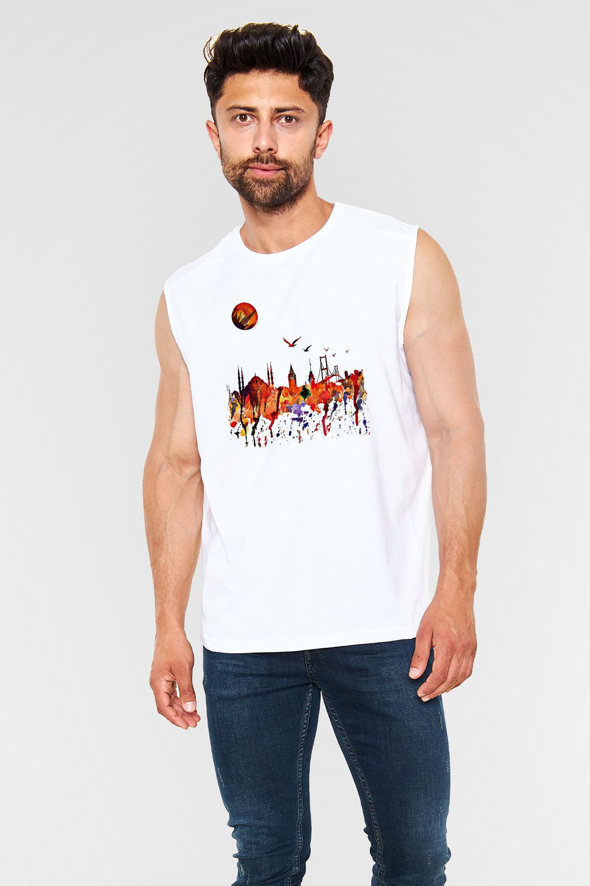 Galata Kulesi Baskılı Beyaz Unisex Kolsuz Tişört - Tshirt
