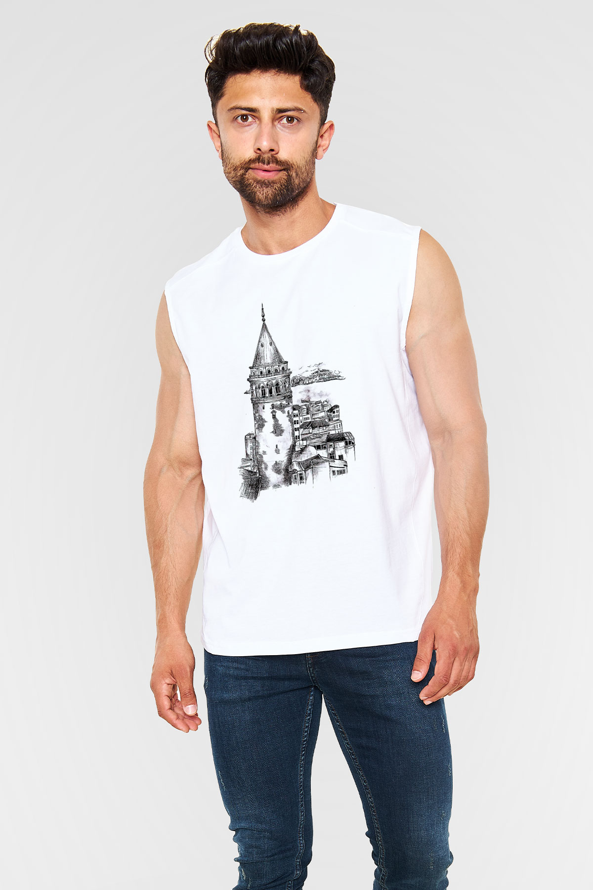 Galata Kulesi Baskılı Beyaz Unisex Kolsuz Tişört - Tshirt