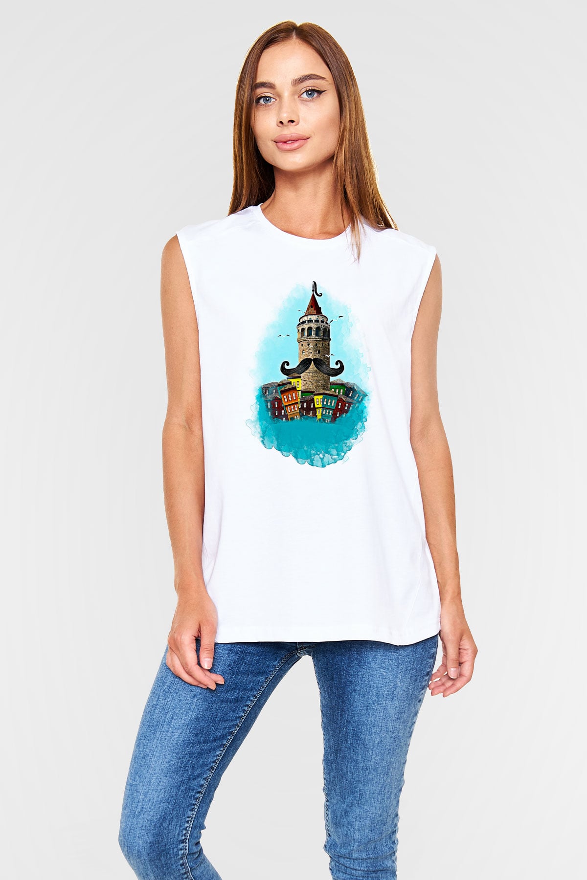 Galata Kulesi Baskılı Beyaz Unisex Kolsuz Tişört - Tshirt