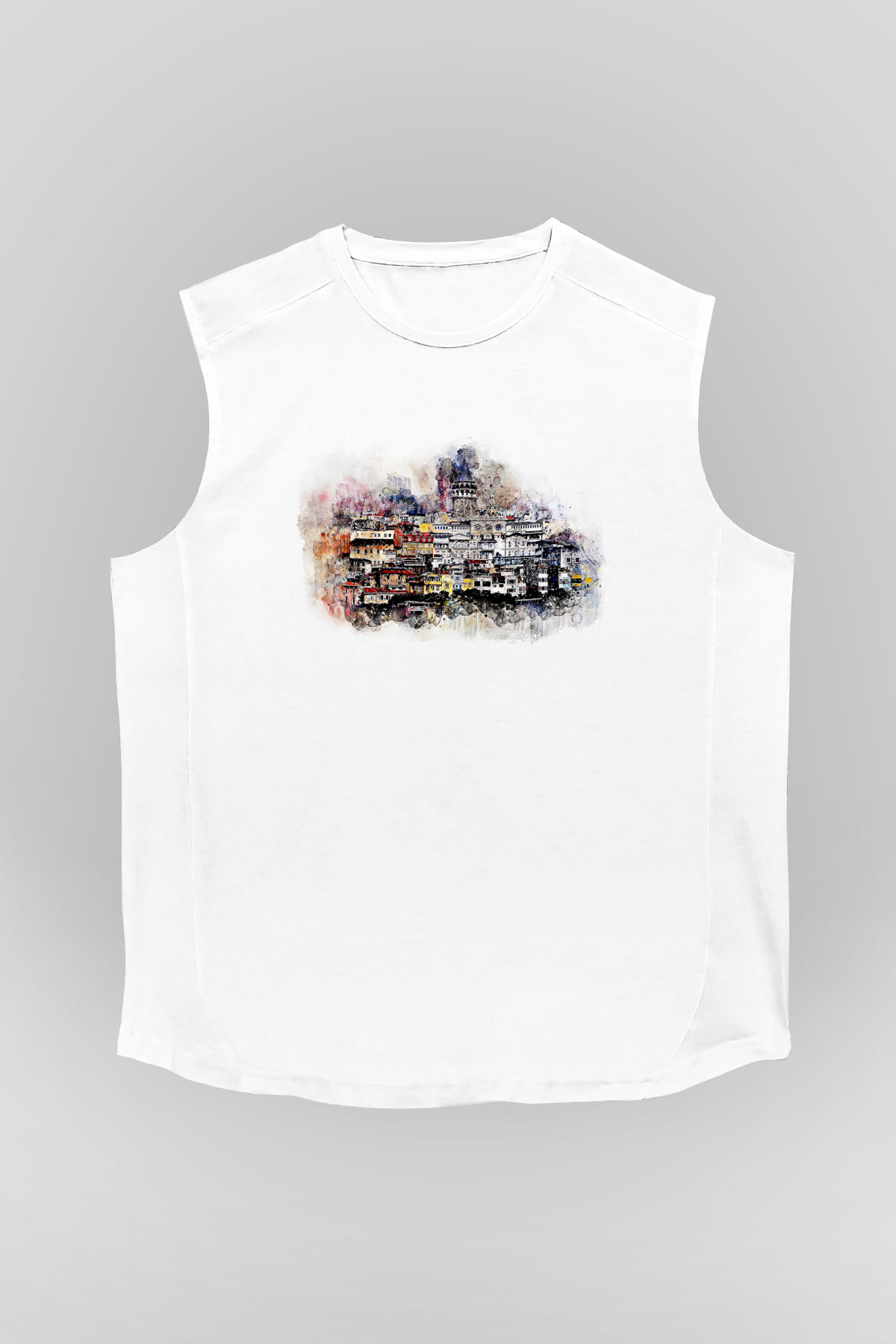 Galata Kulesi Baskılı Beyaz Unisex Kolsuz Tişört - Tshirt