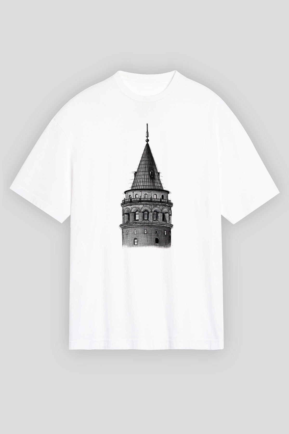Galata Kulesi Baskılı Beyaz Unisex Oversize Tişört - Tshirt