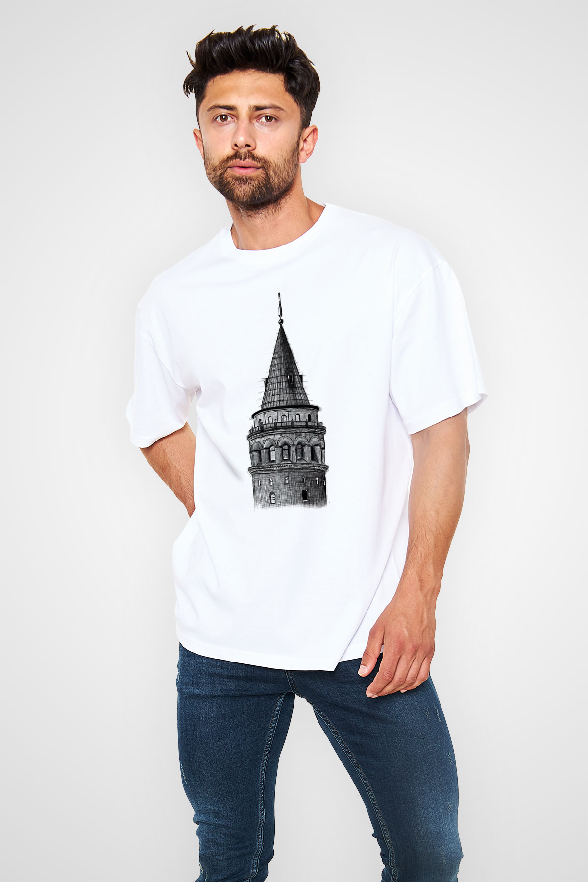 Galata Kulesi Baskılı Beyaz Unisex Oversize Tişört - Tshirt