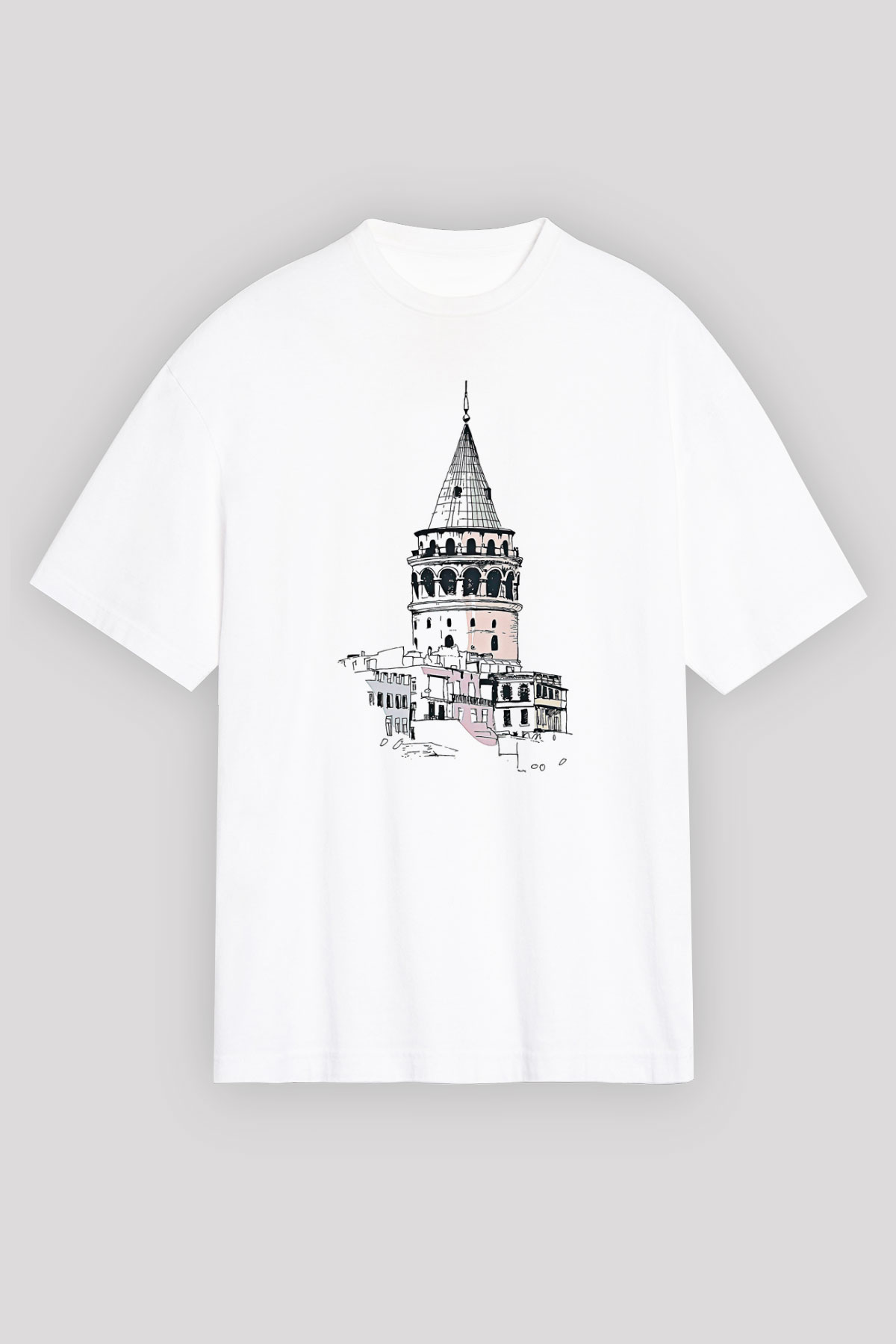 Galata Kulesi Baskılı Beyaz Unisex Oversize Tişört - Tshirt