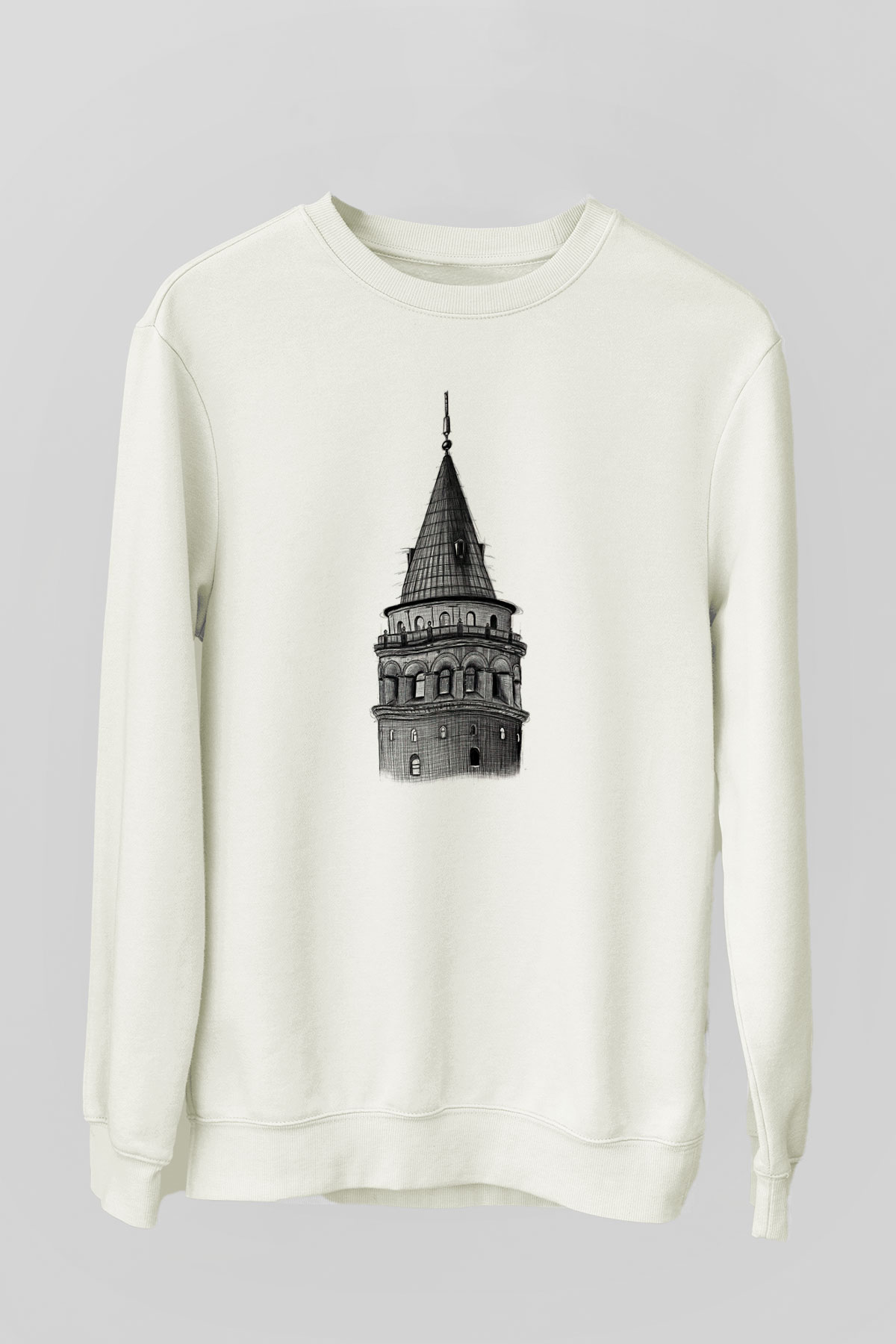 Galata Kulesi Baskılı Beyaz Unisex Sweatshirt