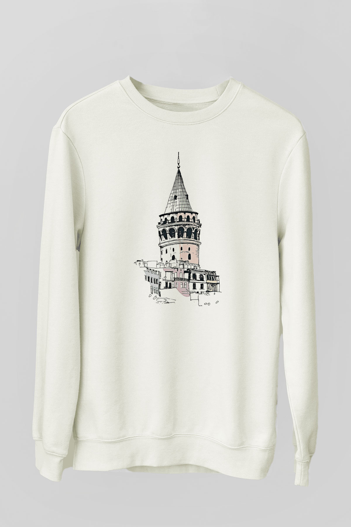 Galata Kulesi Baskılı Beyaz Unisex Sweatshirt
