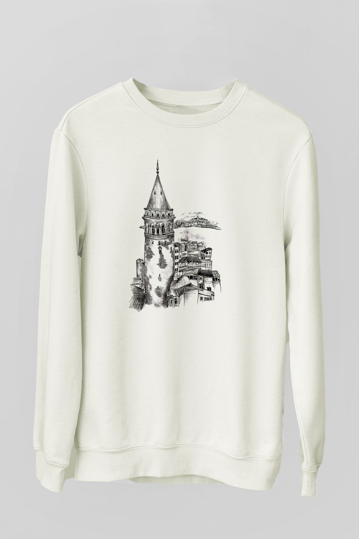 Galata Kulesi Baskılı Beyaz Unisex Sweatshirt