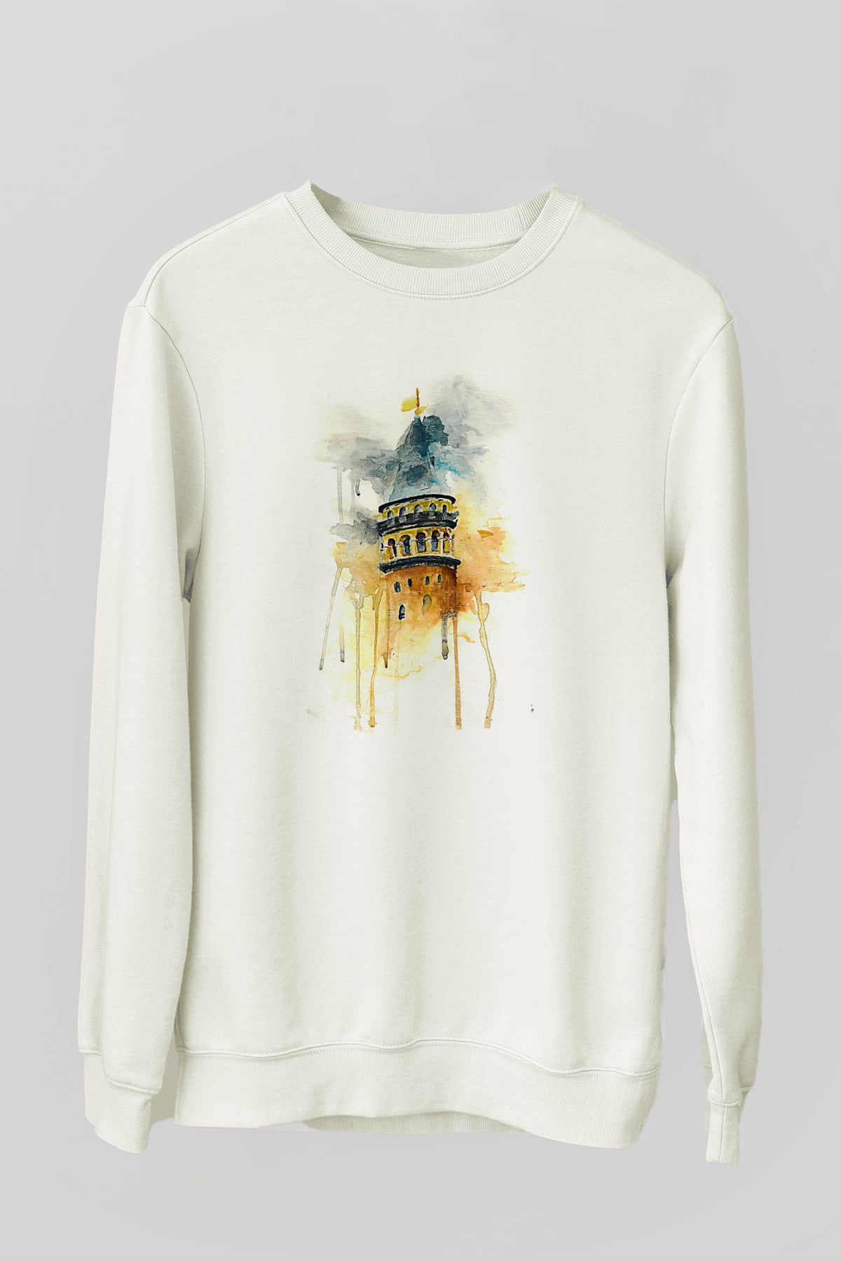 Galata Kulesi Baskılı Beyaz Unisex Sweatshirt