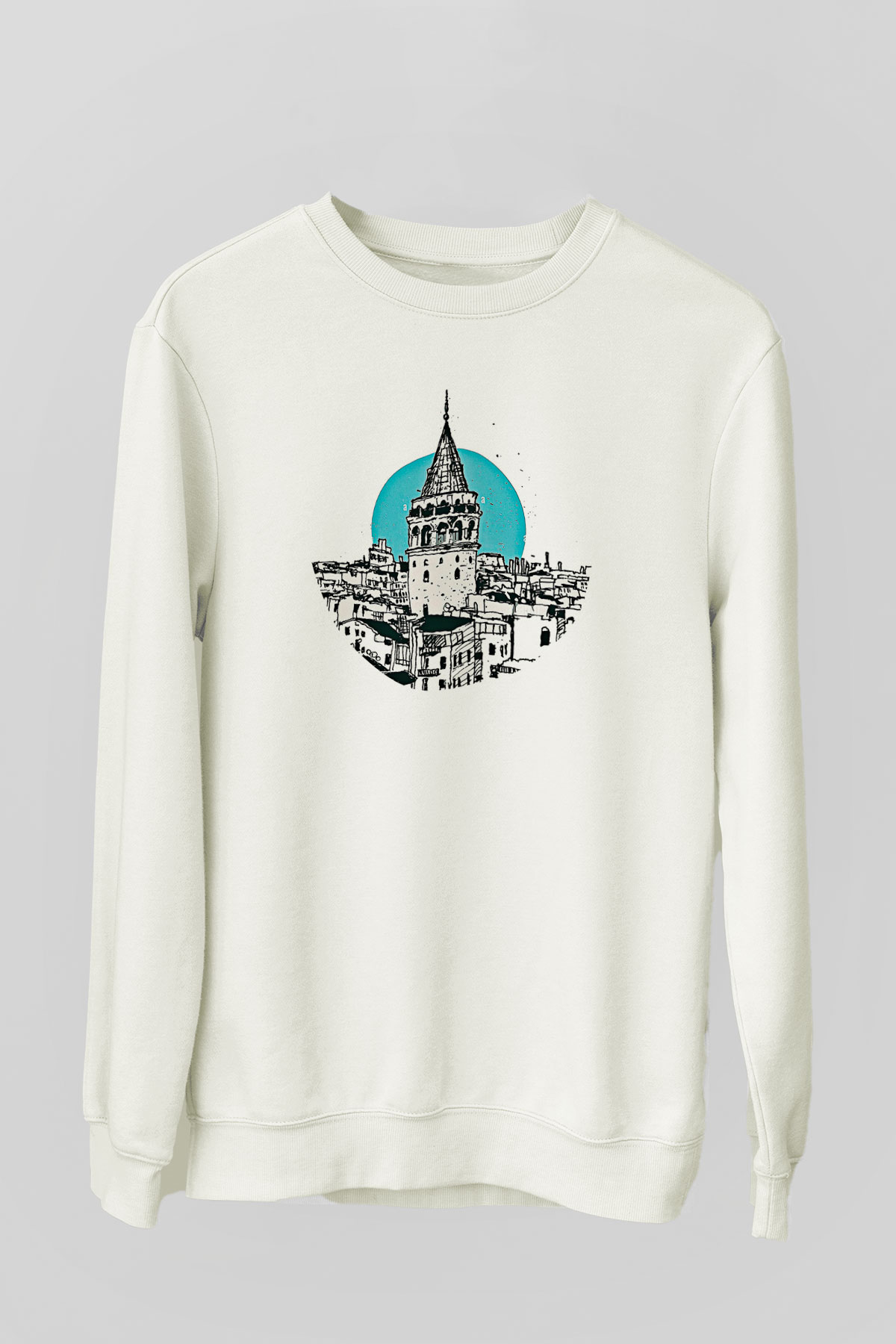 Galata Kulesi Baskılı Beyaz Unisex Sweatshirt