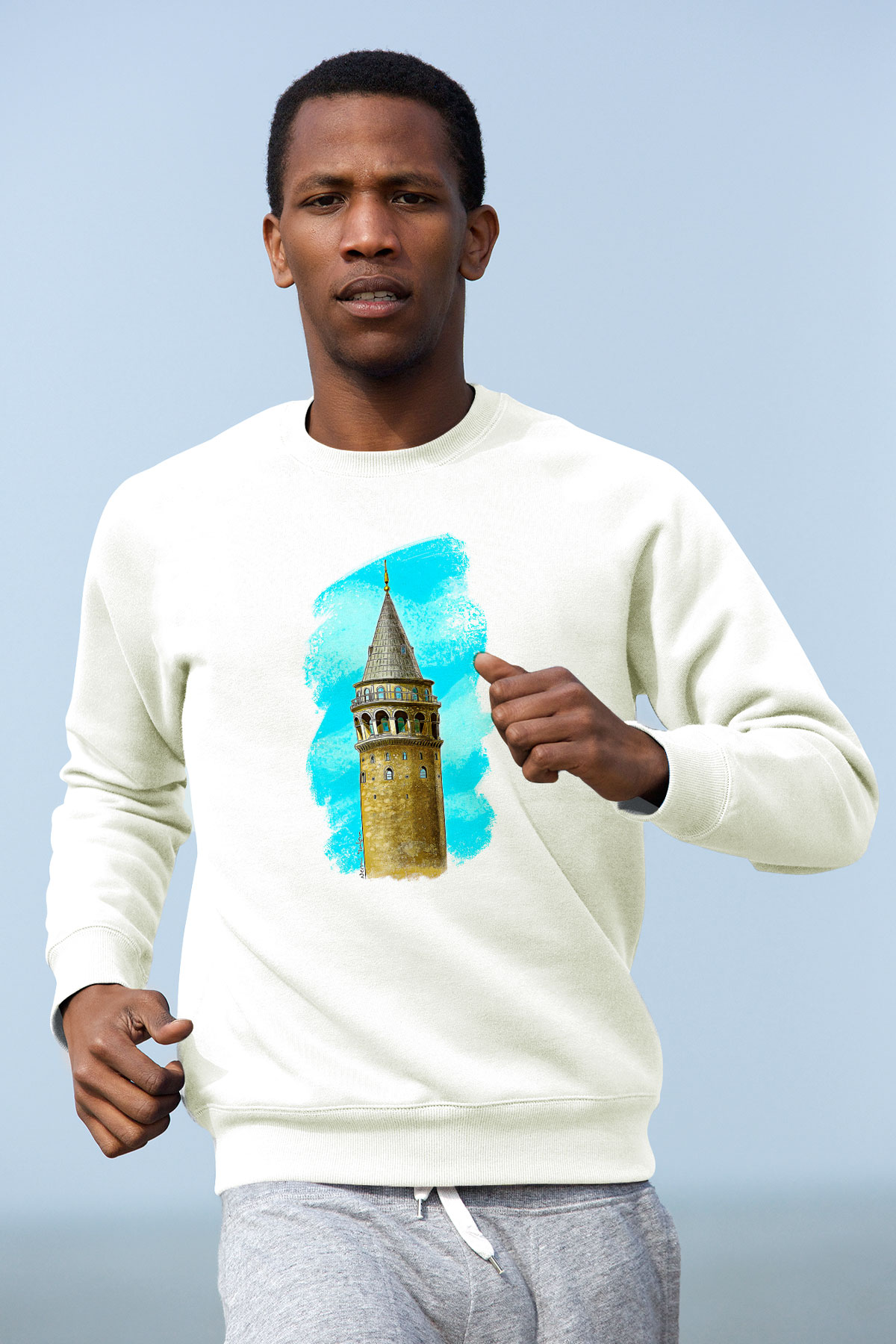 Galata Kulesi Baskılı Beyaz Unisex Sweatshirt