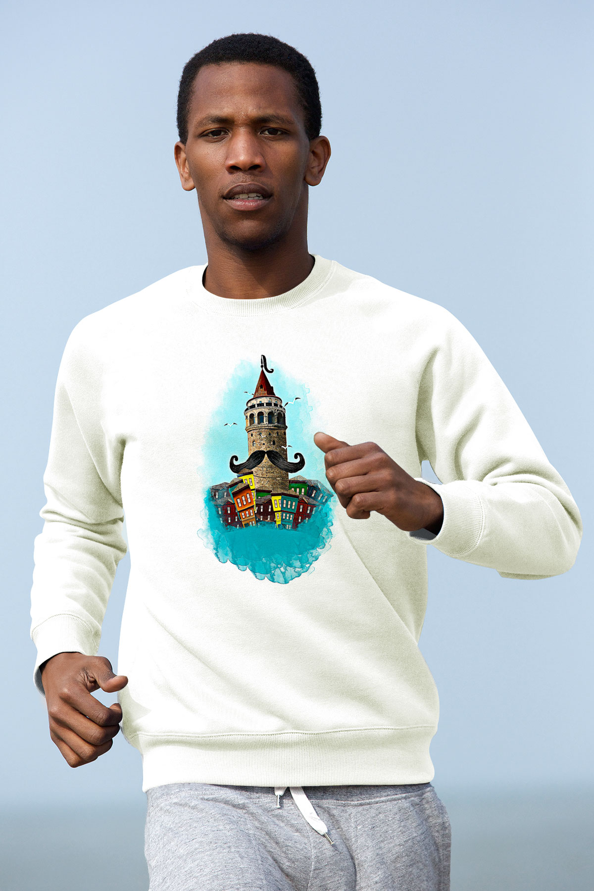 Galata Kulesi Baskılı Beyaz Unisex Sweatshirt