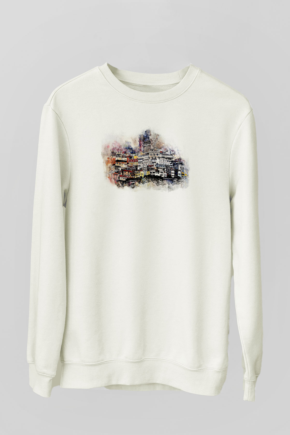 Galata Kulesi Baskılı Beyaz Unisex Sweatshirt