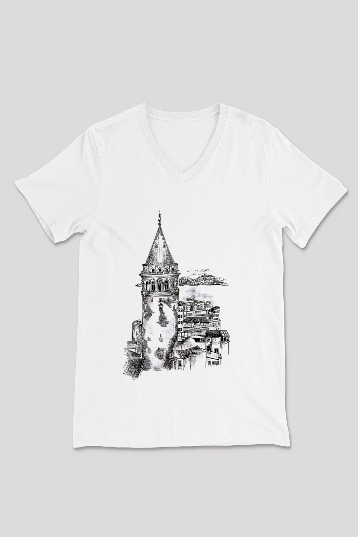 Galata Kulesi Baskılı Beyaz Unisex V Yaka Tişört - Tshirt