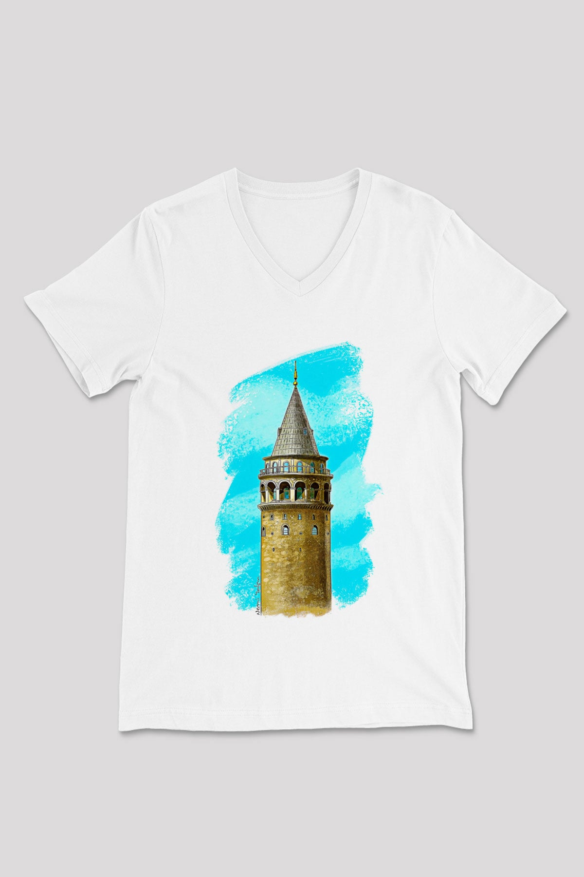 Galata Kulesi Baskılı Beyaz Unisex V Yaka Tişört - Tshirt