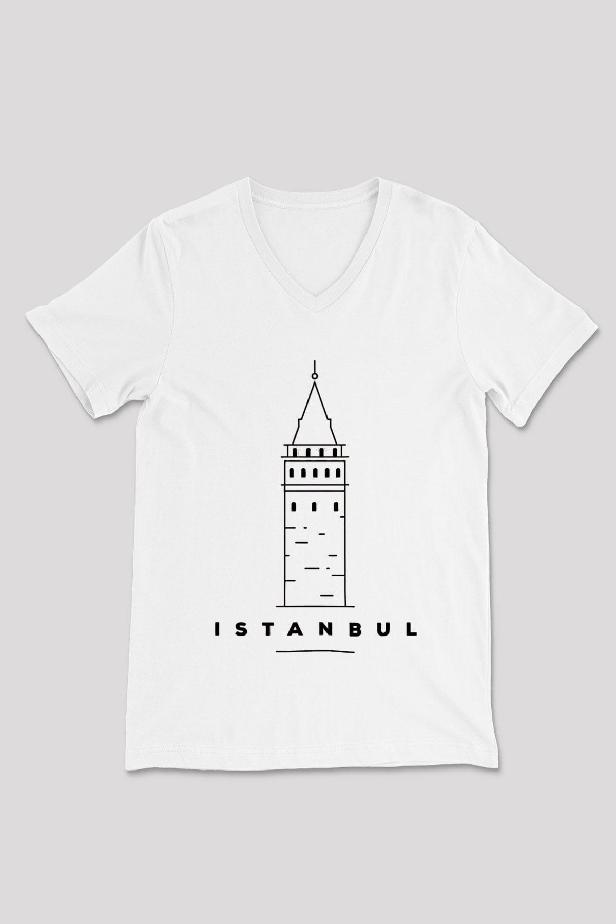 Galata Kulesi Baskılı Beyaz Unisex V Yaka Tişört - Tshirt