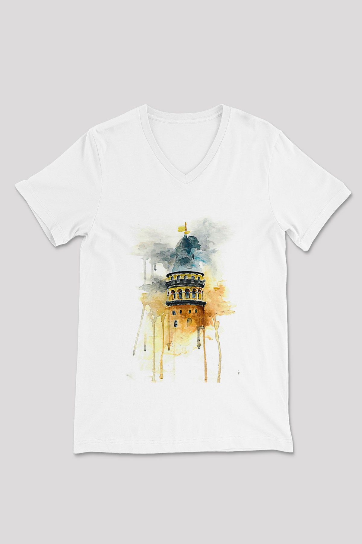 Galata Kulesi Baskılı Beyaz Unisex V Yaka Tişört - Tshirt