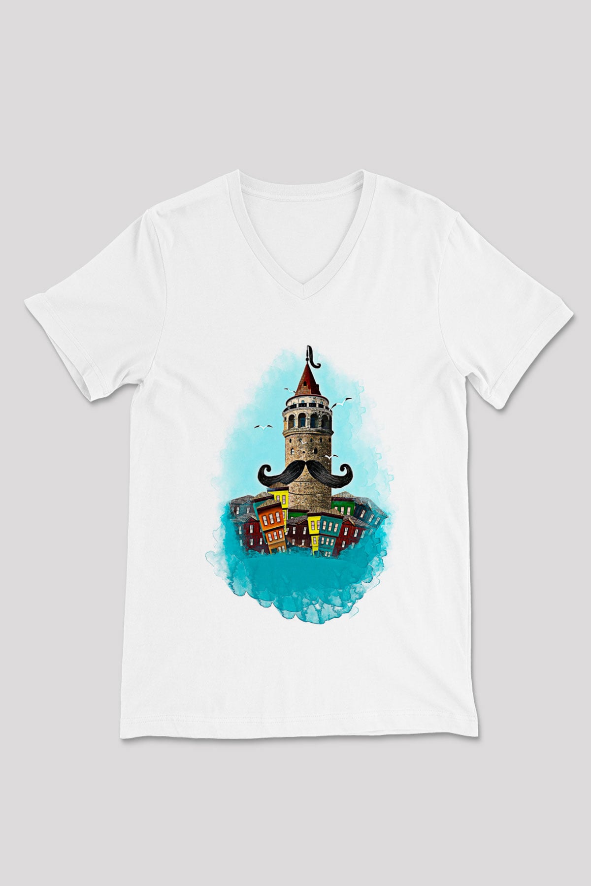 Galata Kulesi Baskılı Beyaz Unisex V Yaka Tişört - Tshirt