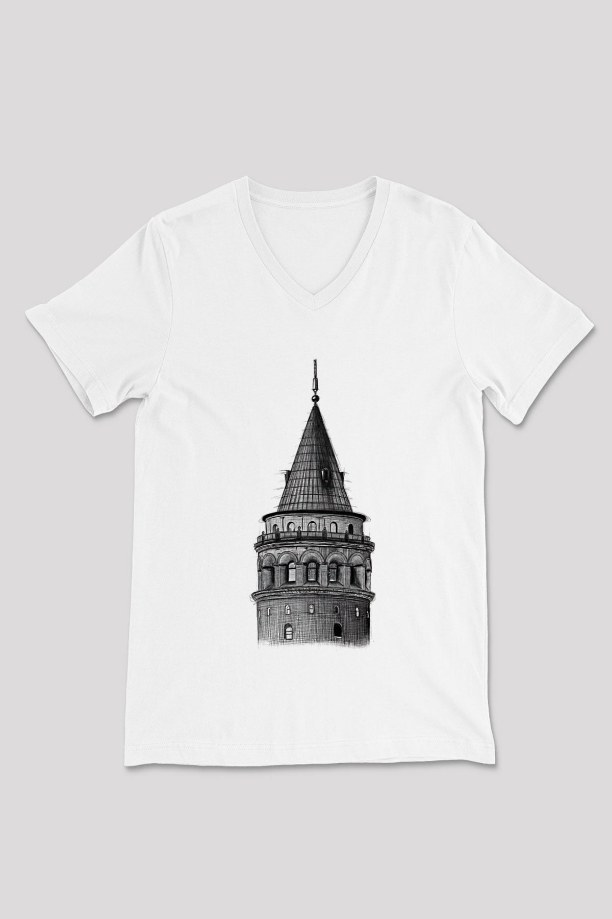 Galata Kulesi Baskılı Beyaz Unisex V Yaka Tişört - Tshirt