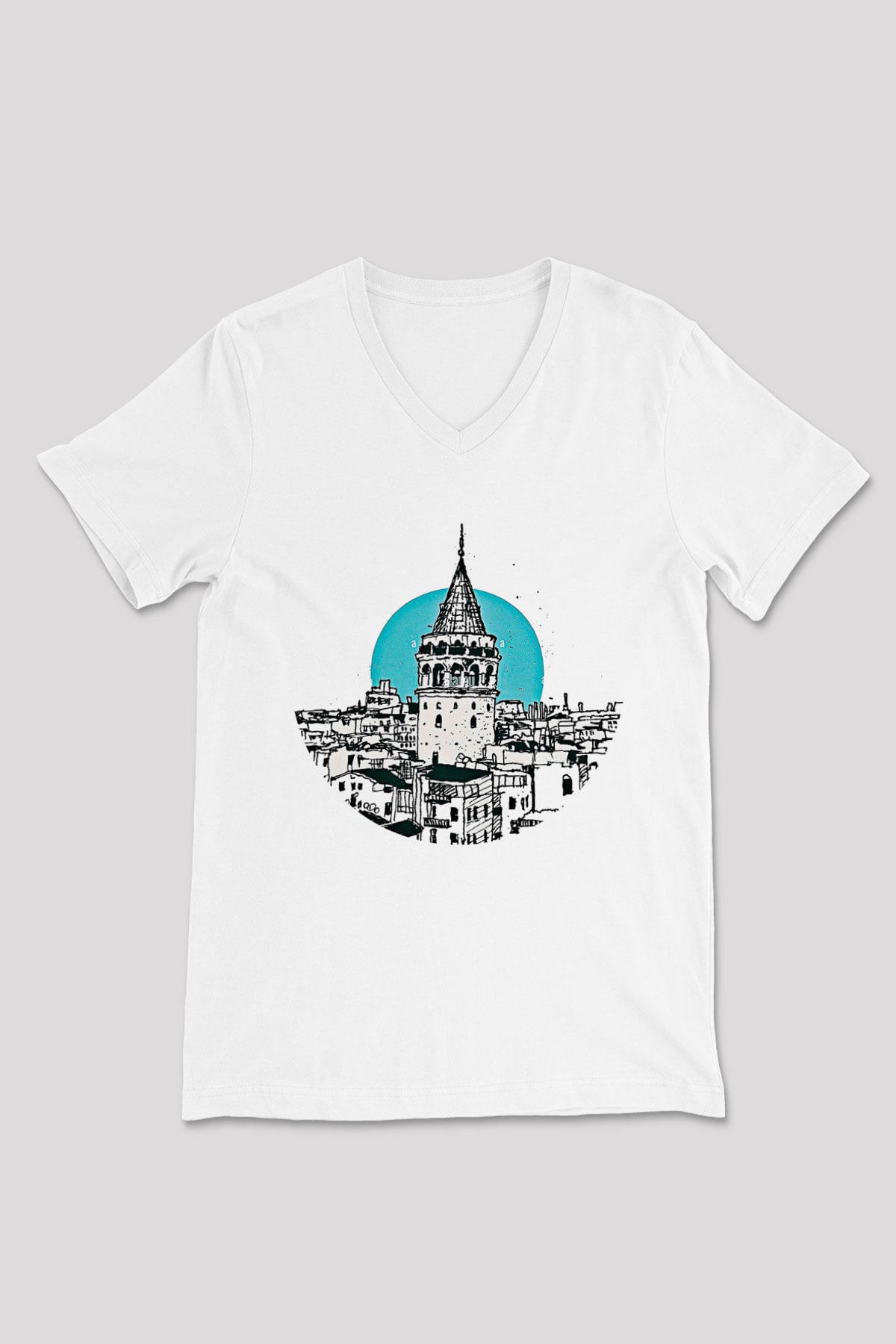 Galata Kulesi Baskılı Beyaz Unisex V Yaka Tişört - Tshirt