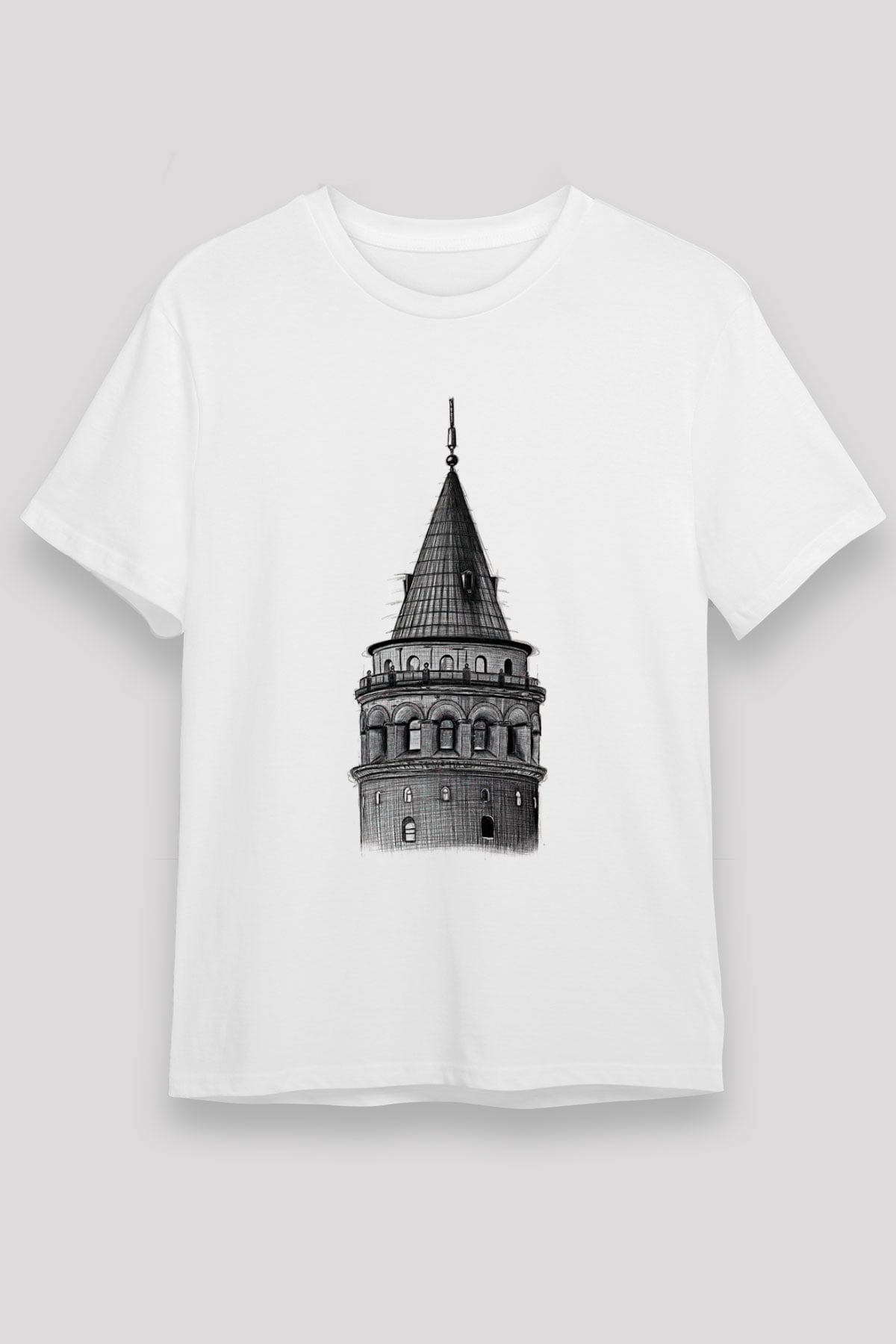 Galata Kulesi Unisex Baskılı Beyaz Tişört - Tshirt