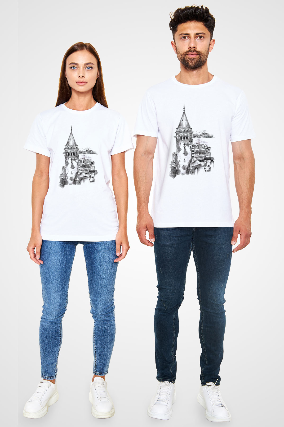 Galata Kulesi Unisex Baskılı Beyaz Tişört - Tshirt