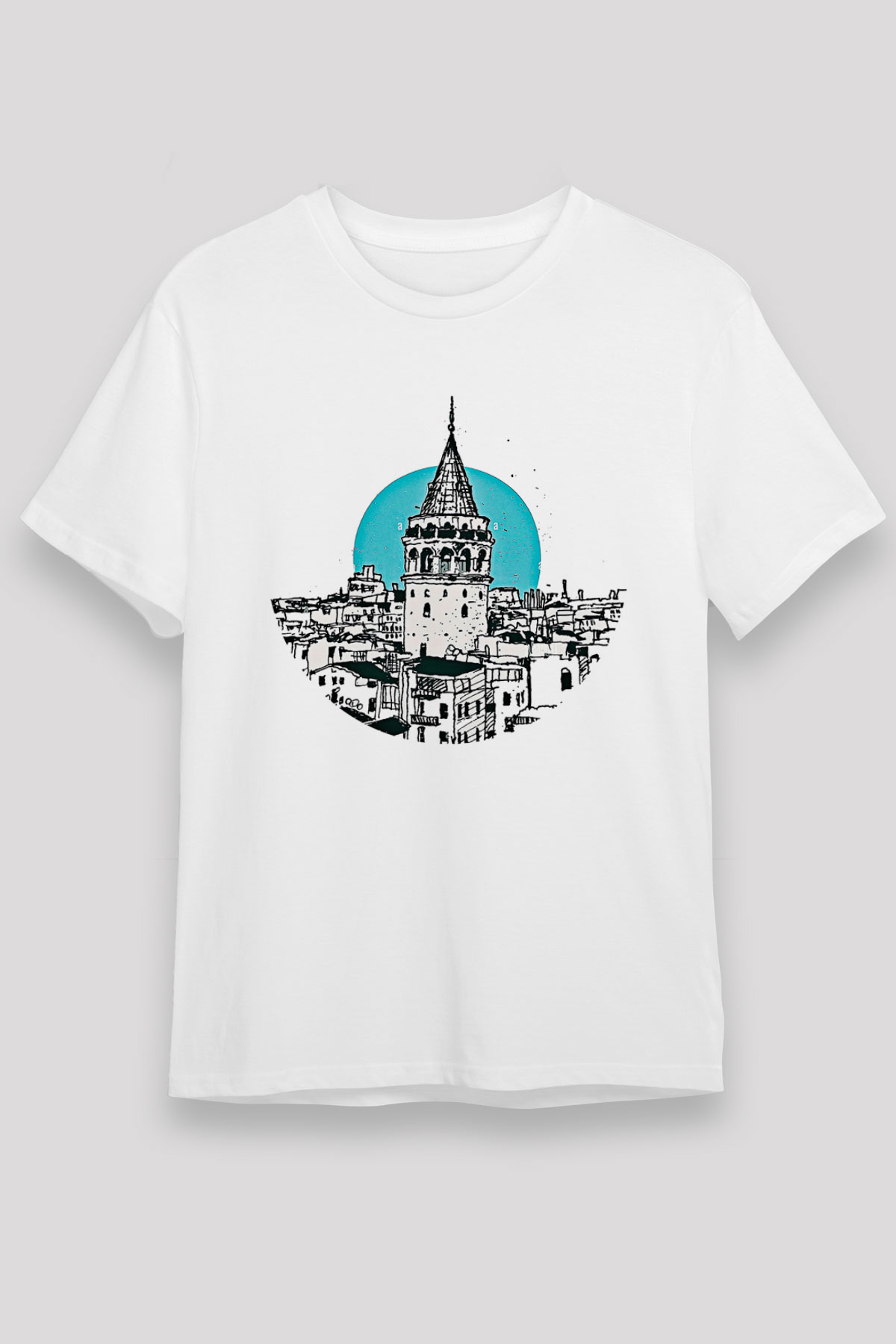 Galata Kulesi Unisex Baskılı Beyaz Tişört - Tshirt
