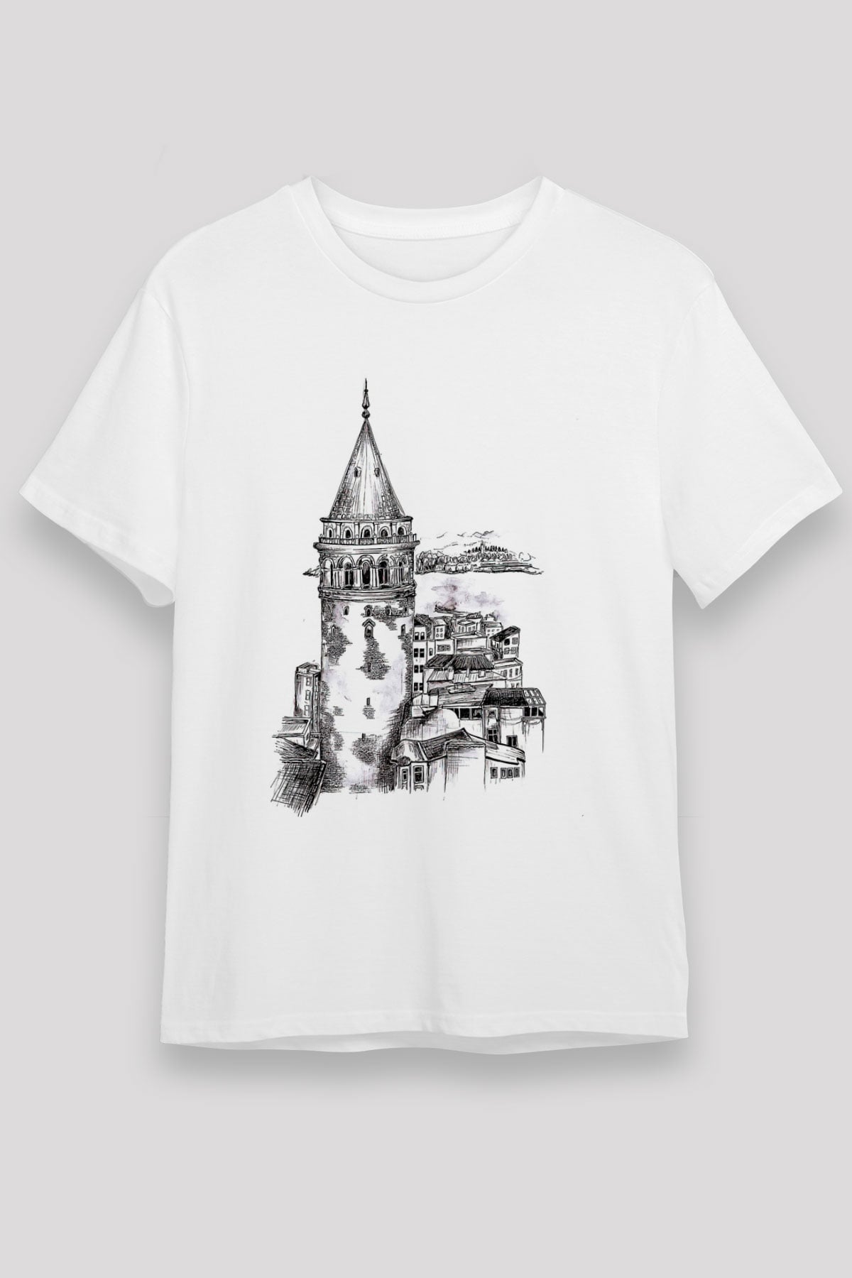 Galata Kulesi Unisex Baskılı Beyaz Tişört - Tshirt