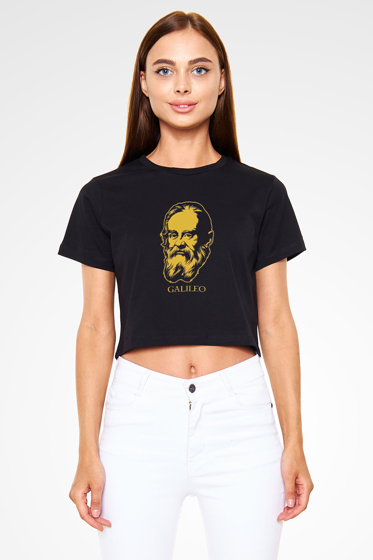 Galileo Galilei Baskılı Siyah Kadın Crop Top Tişört