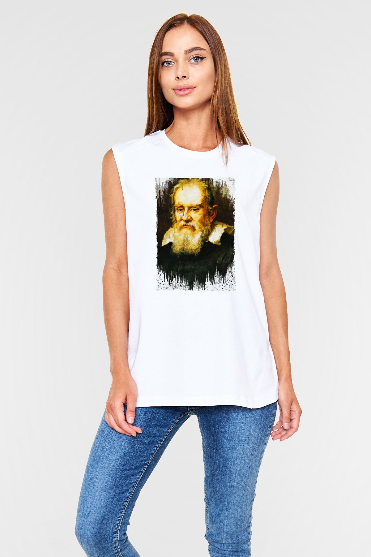 Galileo Galilei Baskılı Unisex Kolsuz Beyaz Tişört - Tshirt