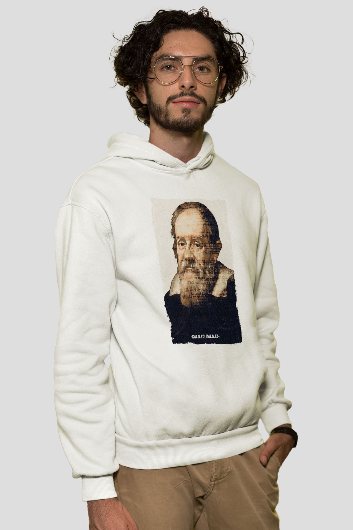 Galileo Galilei Yazılı Portre Baskılı Unisex Ekru Hoodie