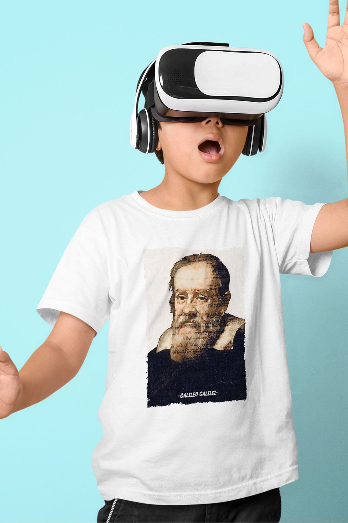 Galileo Galilei Yazılı Portre Baskılı Unisex Beyaz Çocuk Tişörtü - Tshirt