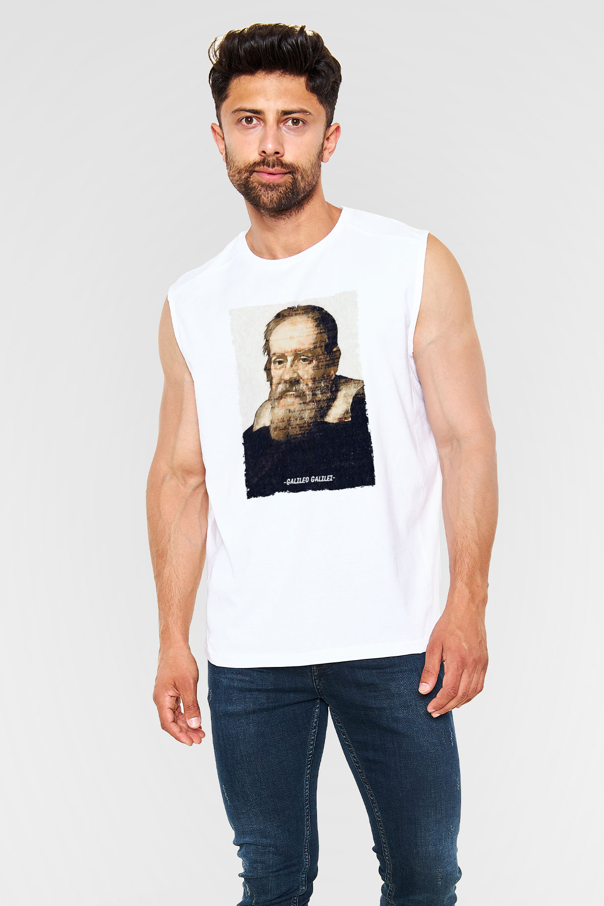 Galileo Galilei Yazılı Portre Baskılı Unisex Kolsuz Beyaz Tişört - Tshirt