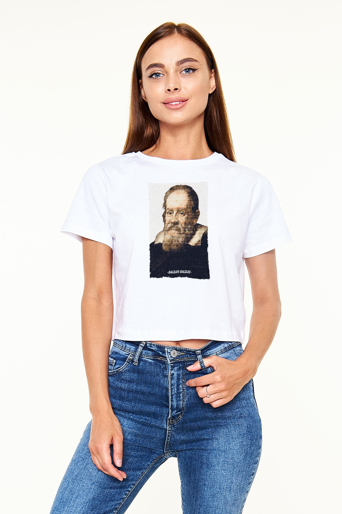 Galileo Galilei Yazılı Portre Baskılı Kadın Crop Top Beyaz Tişört