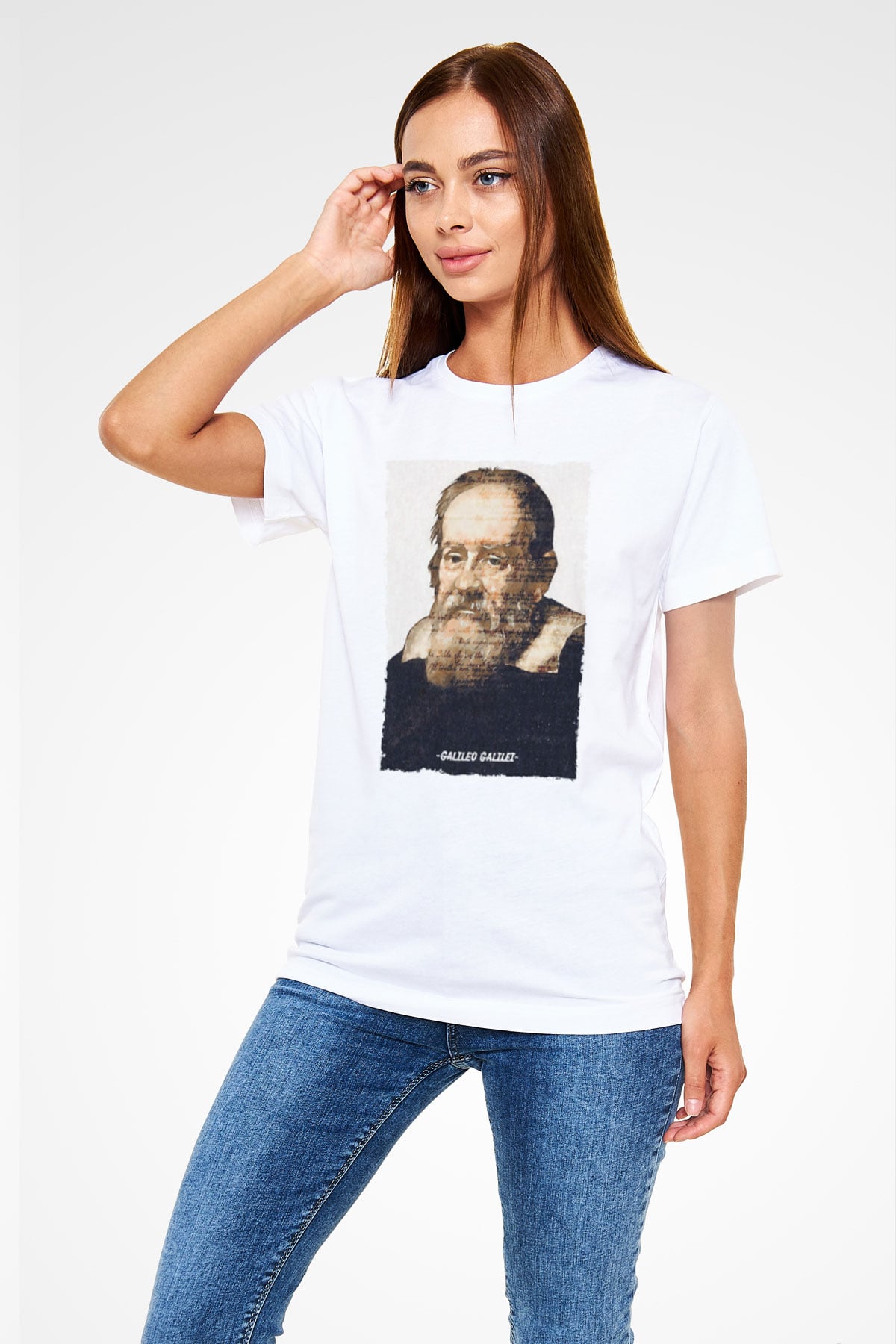Galileo Galilei Yazılı Portre Baskılı Unisex Beyaz Tişört - Tshirt