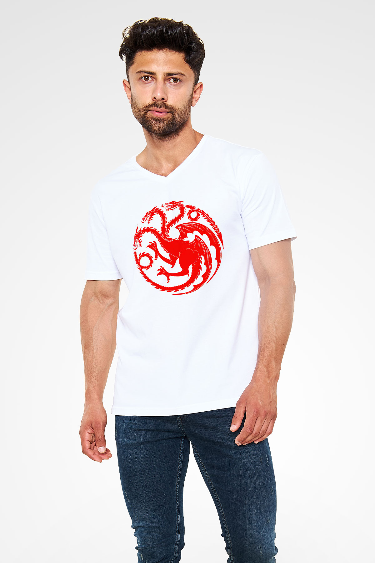 Game of Thrones Beyaz Unisex V Yaka Tişört T-Shirt