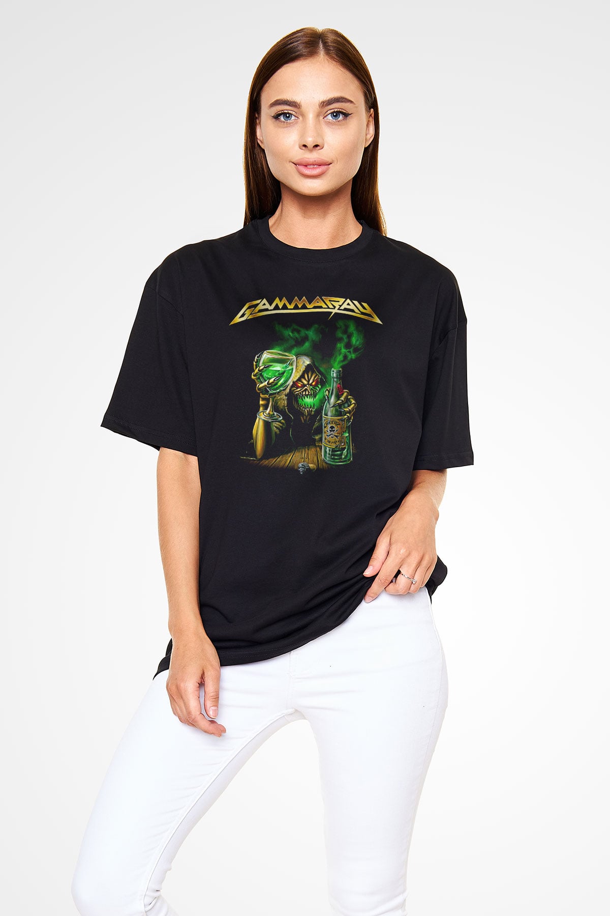 Gammaray Baskılı Unisex Siyah Oversize Tişört - Tshirt