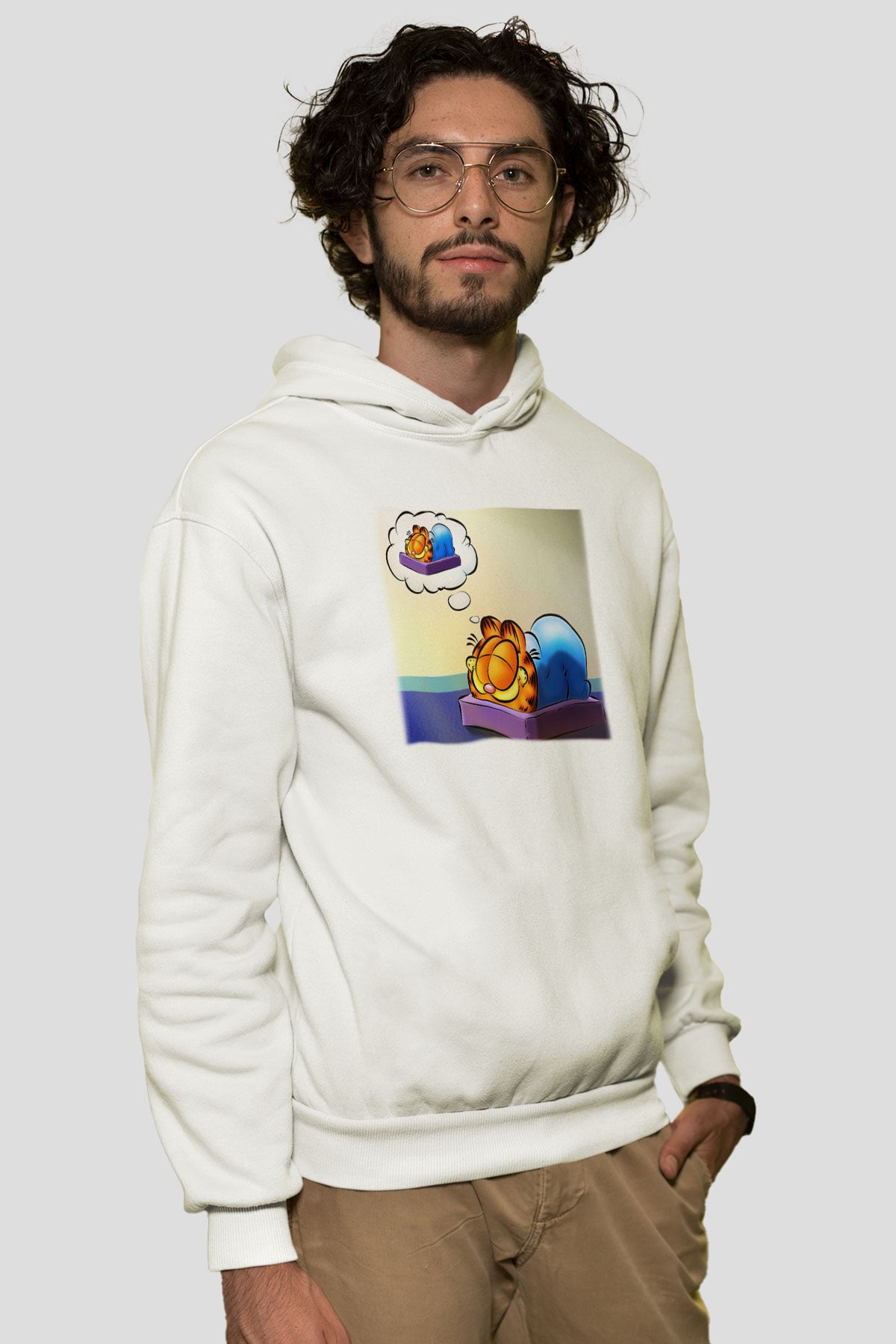 Garfield Beyaz Unisex Kapşonlu Sweatshirt